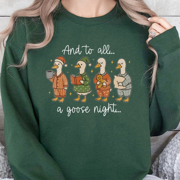Humorous Pajama Geese Holiday Crewneck, Adorable Goose Christmas Sweatshirt, Silly Honk Duck Pullover, Festive Winter Animal 
