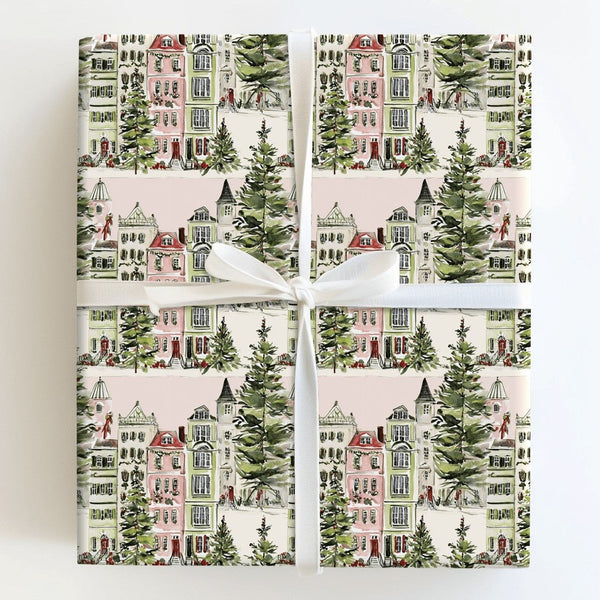 Snowy Houses Gift Wrap, Watercolor Pink Christmas Village Wrapping Paper, Pastel Holiday Wrapping Paper Roll, Adorable Winter