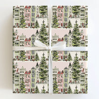 Snowy Houses Gift Wrap, Watercolor Pink Christmas Village Wrapping Paper, Pastel Holiday Wrapping Paper Roll, Adorable Winter Present Wrap