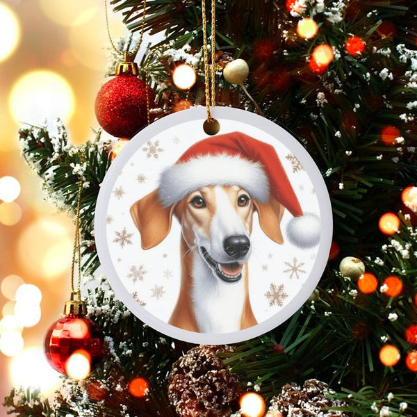 Greyhound Dog Holiday Ornament, Greyhound Santa Hat Christmas Ornament, Ceramic Greyhound Tree Ornament, Dog Lover Pet Keepsa