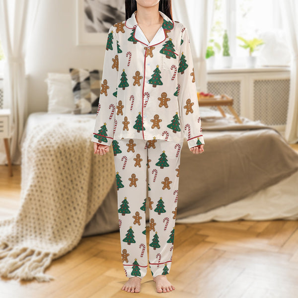 Festive Holiday Satin Pajamas, Christmas Gingerbread Pajama Set, Gingerbread Man Sleepwear, Comfy Winter Loungewear Pajama Se