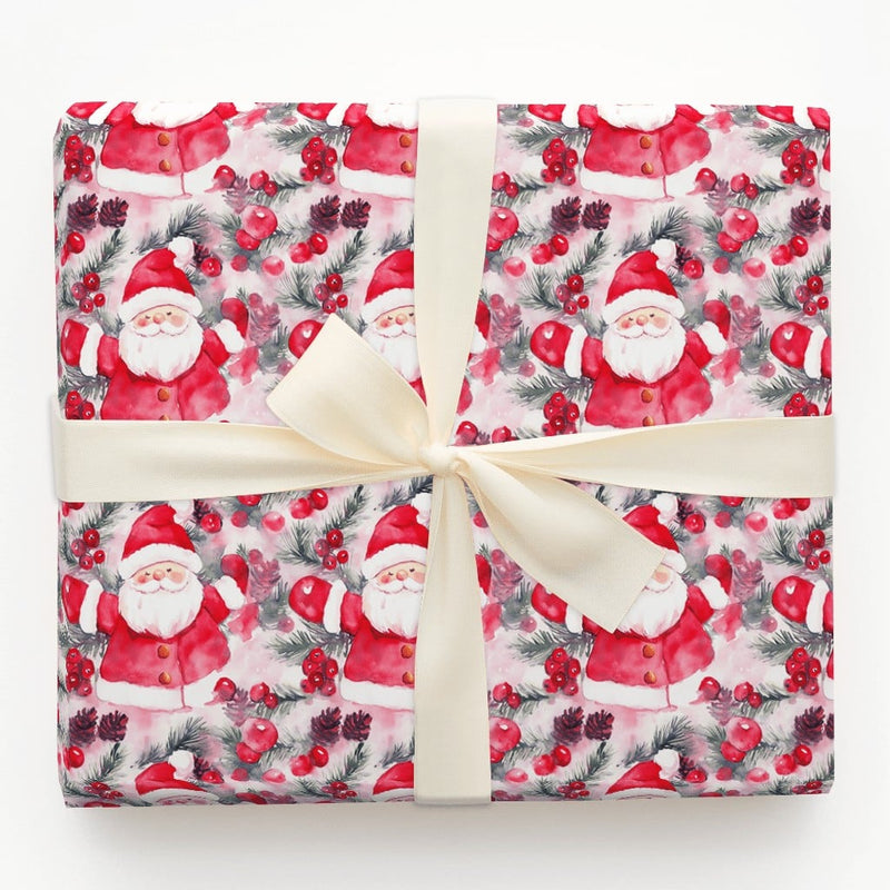 Cheerful Santa Holiday Gift Wrap, Watercolor Santa Claus Wrapping Paper, Pinecone Holly Xmas Wrapping Paper, Festive Christmas Present Wrap