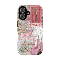 iPhone Tough Phone Cover, Pink Christmas Phone Case, Watercolor Holiday Tree Phone Case, Coquette Christmas Bow Phone Case Xmas Present for Her
