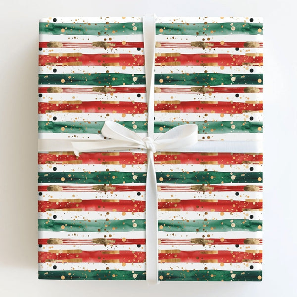 Red Green Gold Stripe Gift Wrap, Abstract Christmas Wrapping Paper, Watercolor Brush Strokes Gift Wrap, Polka Dot Holiday Pap