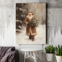 Brown Coat Woodland Forest Santa Canvas, Vintage Santa Claus Wall Art, Rustic Christmas Wall Decor, Nostalgic Holiday Winter Canvas Print