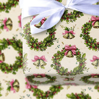 Vintage Christmas Gift Wrap, Holly Wreath Wrapping Paper, Gold Bells Holiday Wrapping Paper, Pink Bow Christmas Gift Wrap Roll