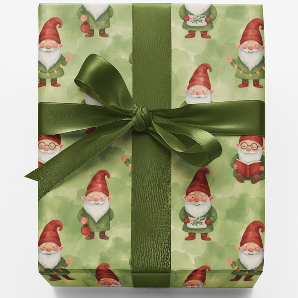 Festive Green Holiday Gift Wrap, Christmas Gnomes Wrapping Paper, Winter Gnome Present Wrapping Paper
