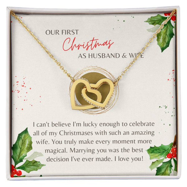 Cubic Zirconia Heart Pendant, First Christmas Wife Interlocking Hearts Necklace, Romantic Holiday Jewelry, Anniversary Presen