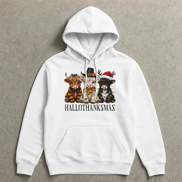 Adorable Highland Cow Sweatshirt, Highland Cow Hallothanksmas Hoodie, Fall Thanksgiving Christmas Hoodie, Humorous Farm Anima