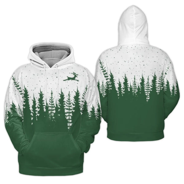 Forest Pine Tree 3D Hoodie, Christmas Reindeer Hoodie, Holiday Nature Sweatshirt, Winter Silhouette Pullover Hoodie, Xmas Pre