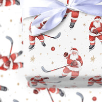 Sporty Santa Gift Wrap, Ice Hockey Santa Christmas Wrapping Paper, Gold Snowflake Hockey Gift Wrapping Paper, Holiday Wrap for Sports Fans