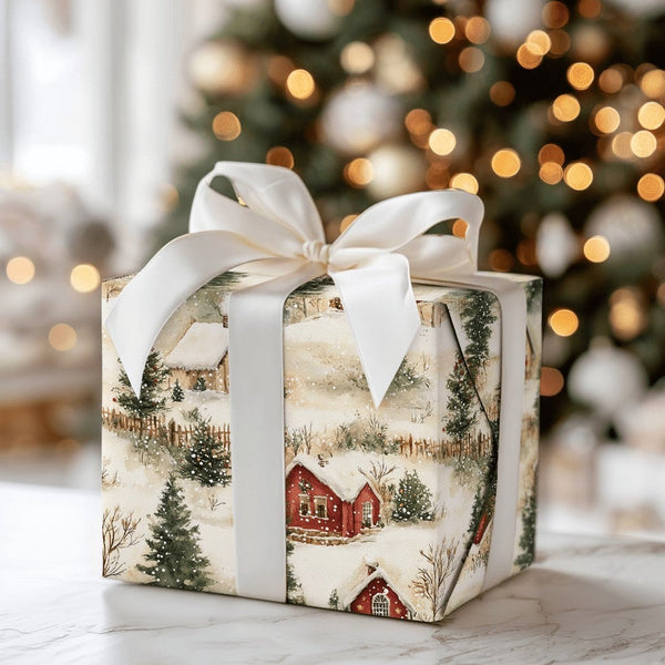 Rustic Winter Village Gift Wrap, Snowy Red Cabin Christmas Wrapping Paper, Vintage Cottage Wrapping Paper, Holiday Present Gi