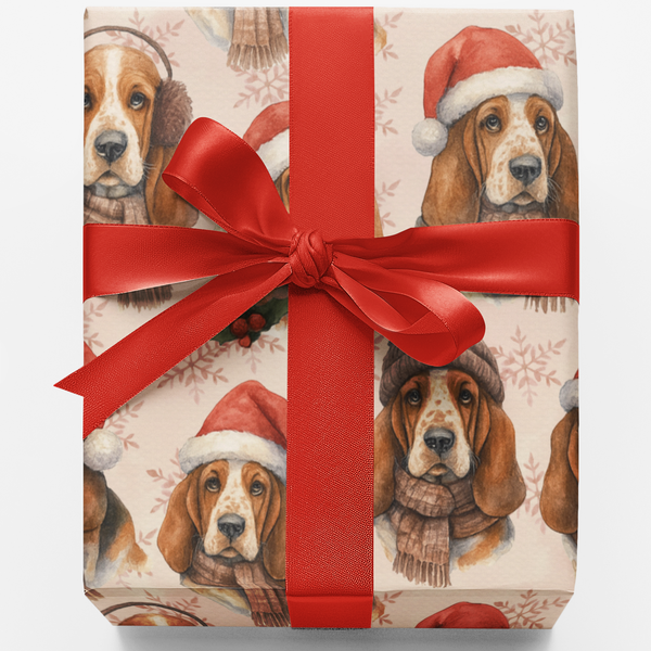 Festive Dog Holiday Gift Wrap, Basset Hound Christmas Wrapping Paper, Adorable Basset Hound Wrapping Paper, Dog Lover Winter 