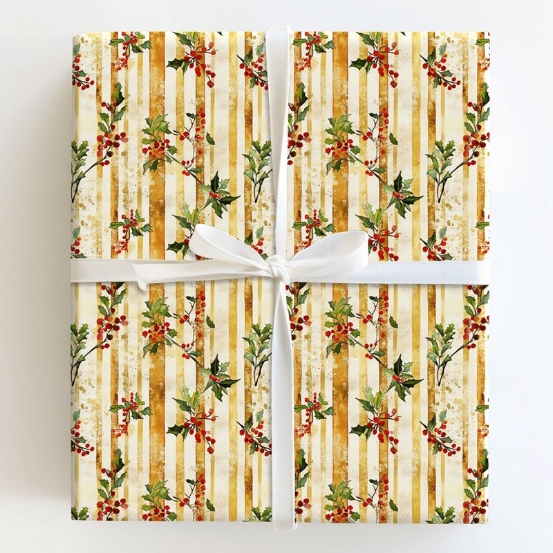 Gold Stripe Christmas Gift Wrap, Watercolor Holly Wrapping Paper, Vintage Berry Botanical Wrapping Paper, Holiday Present Wrapping Paper