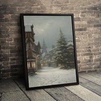 Vintage Winter Townscape Wall Art, Snowy Christmas Village Canvas, Festive Holiday Christmas Canvas Print, Comfy Seasonal Living Room Decor