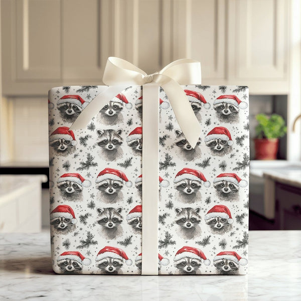 Santa Hat Raccoon Gift Wrap, Christmas Raccoon Wrapping Paper, Woodland Animal Holiday Wrapping Paper, Adorable Watercolor Xm