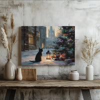 Snowy Winter Street Scene Lantern Poster, Black Cat Christmas Canvas Wall Art, Holiday Kitten Digital Download Print, Cat Lover Xmas Present