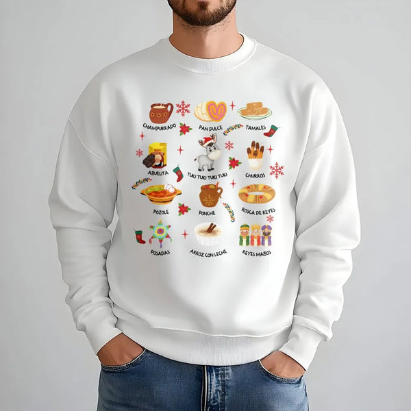 Traditional Holiday Food Sweatshirt, Mexican Christmas Sweatshirt, Latina Festive Holiday Crewneck, Mexican Food Christmas Sw