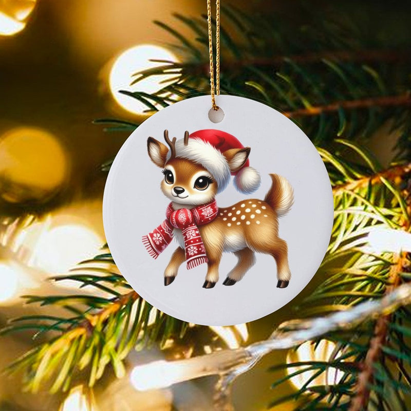 Santa Hat Scarf Woodland Ceramic Ornament, Baby Deer Reindeer Christmas Ornament, Adorable Fawn Tree Keepsake Ornament, Holiday Present