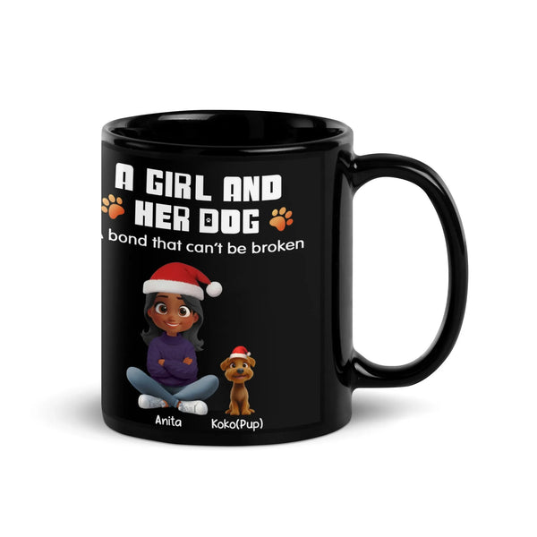 Holiday Pet Ceramic Coffee Mug, Girl and Her Dog Christmas Mug, Glossy Black Dog Lover Mug, Xmas Dog Mom Mug Present, Winter 