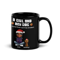 Holiday Pet Ceramic Coffee Mug, Girl and Her Dog Christmas Mug, Glossy Black Dog Lover Mug, Xmas Dog Mom Mug Present, Winter Drinkware