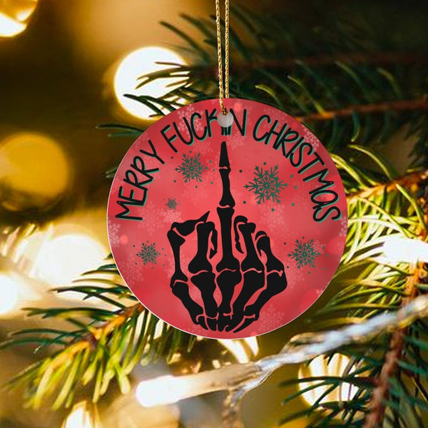 Humorous Rude Skeleton Ornament, Merry Fuckn Christmas Ornament, Middle Finger Holiday Ornament, Edgy Humorous Ceramic Xmas T