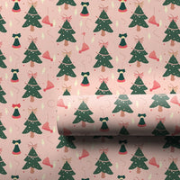 Whimsical Holiday Gift Wrap, Pink Christmas Tree Wrapping Paper, Santa Hat and Bells Xmas Wrapping Paper, Adorable Festive Gift Wrap Roll