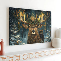 Winter Forest Stag and Cat Wall Art, Christmas Stag Canvas Print, Rustic Holiday Canvas Painting, Festive Home Decor, Nature Present