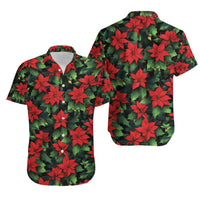 Festive Christmas Floral Aloha Shirt, Poinsettia Hawaiian Shirt, Holiday Party Summer Button Down, Mens Winter Beach Vacation Shirt