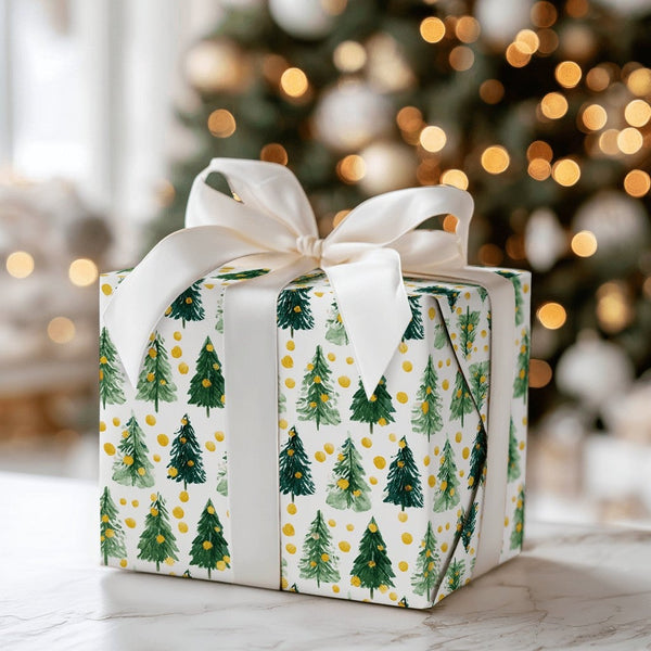 Green Pine Trees Gift Wrap, Watercolor Christmas Tree Wrapping Paper, Gold Dots Holiday Wrapping Paper, Winter Seasonal Prese