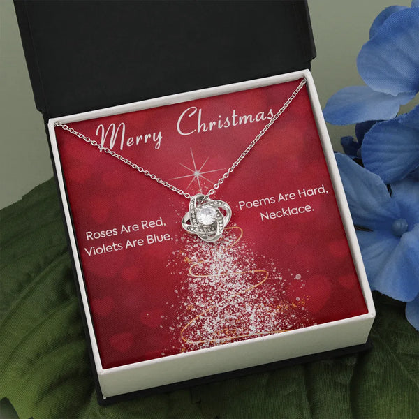Romantic Holiday Love Knot Necklace, Humorous Christmas Poem Love Knot Necklace, 14k White Gold Over Stainless Steel Pendant 