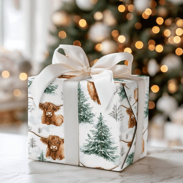 Snowy Pine Christmas Gift Wrap, Highland Cow Wrapping Paper, Scottish Cattle Winter Wrapping Paper, Rustic Farmhouse Holiday 