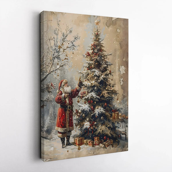 Snowy Christmas Tree Canvas Print, Vintage Santa Claus Canvas Wall Art, Nostalgic Holiday Santa Canvas Decor, Rustic Winter W