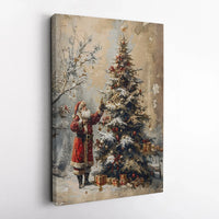 Snowy Christmas Tree Canvas Print, Vintage Santa Claus Canvas Wall Art, Nostalgic Holiday Santa Canvas Decor, Rustic Winter Wall Art Present