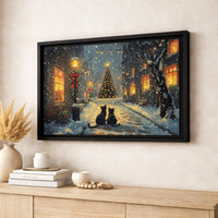 Snowy Village Cat Print, Black Cat Christmas Canvas Wall Art, Holiday Black Cat Poster, Winter Cat Scene Digital Download