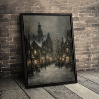 Christmas Town Street Scene Print, Winter European Village Canvas Wall Art, Holiday Snowy Decor, Digital Download Seasonal Wall Art