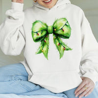 Coquette Bow with Holiday Lights Hooded Sweatshirt, Fuzzy Green Bow Christmas Hoodie, Preppy Christmas Pullover, Adorable Xmas Present for Her