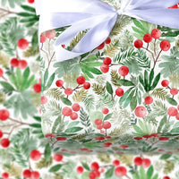 Winter Greenery Pine Needle Gift Wrap, Watercolor Red Berry Wrapping Paper, Botanical Christmas Wrapping Paper, Holiday Present Wrap Roll