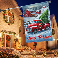 Farmhouse Winter Scene Yard Flag, Merry Christmas Red Truck Garden Flag, Vintage Holiday Garden Flag, Rustic Lawn Banner Decor