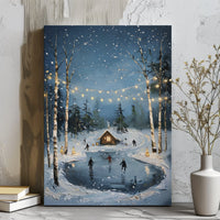 Snowy Landscape with Fairy Lights Wall Decor, Winter Ice Skating Cabin Canvas Art, Festive Christmas Canvas Print, Comfy Winter Decor