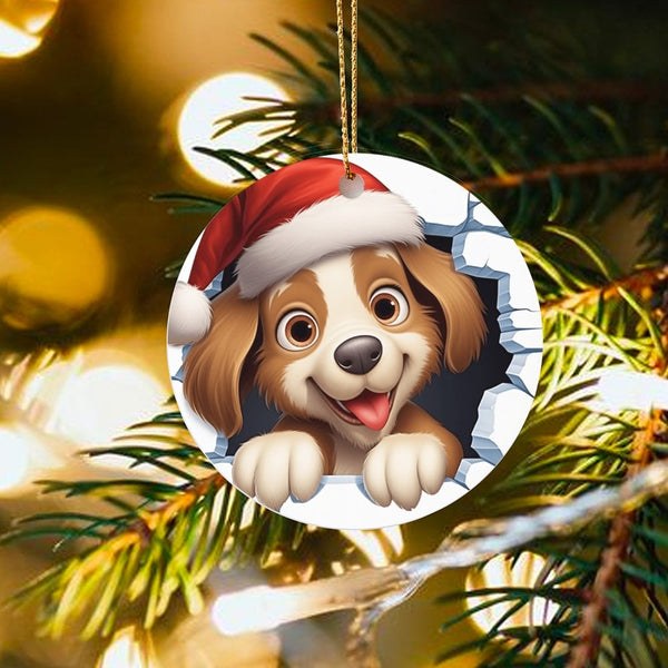Santa Hat Dog Ornament, Cartoon Puppy Christmas Ornament, Wall Burst Puppy Ceramic Ornament, Holiday Tree Decor, Dog Lover Xm