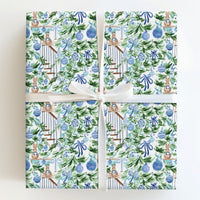Blue Ornament Holiday Gift Wrap, Chinoiserie Bunny Christmas Wrapping Paper, Watercolor Bunny Wrapping Paper, Festive Gift Wrap Roll