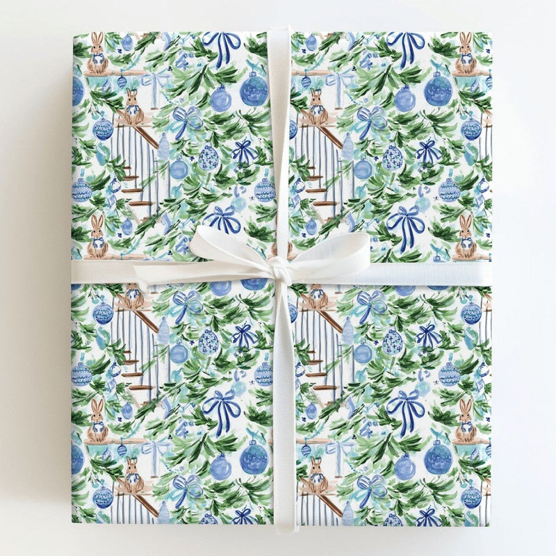 Blue Ornament Holiday Gift Wrap, Chinoiserie Bunny Christmas Wrapping Paper, Watercolor Bunny Wrapping Paper, Festive Gift Wrap Roll