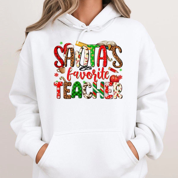 Leopard Plaid Teacher Christmas Hoodie, Santa's Favorite Teacher Hoodie, Festive Educator Holiday Hoodie, Winter School Staff
