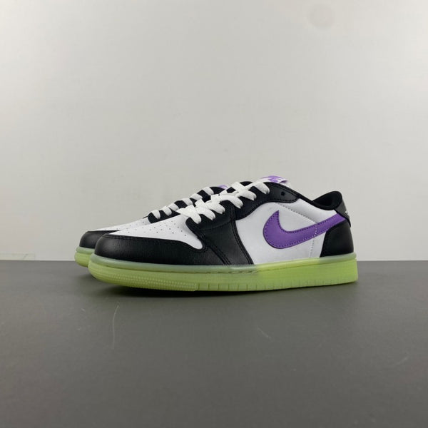 Retro Low Top Sneakers, Neon Green White Black Purple Colorway, Lace Up Design, Casual Gift for Sneaker Fans