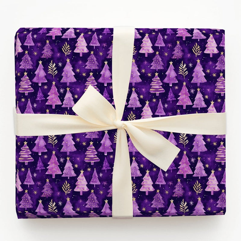 Watercolor Xmas Tree Gift Wrap, Purple and Gold Christmas Tree Wrapping Paper, Elegant Starry Gift Wrap, Holiday Present Wrapping Paper