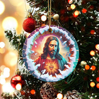 Snowy Border Catholic Christmas Ornament, Sacred Heart of Jesus Ceramic Ornament, Religious Holiday Tree Ornament, Faith Keepsake Present