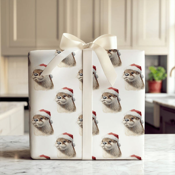 Adorable Otter Holiday Wrapping Paper, Santa Hat Otter Christmas Wrapping Paper, Humorous Animal Winter Wrapping Paper, Festi