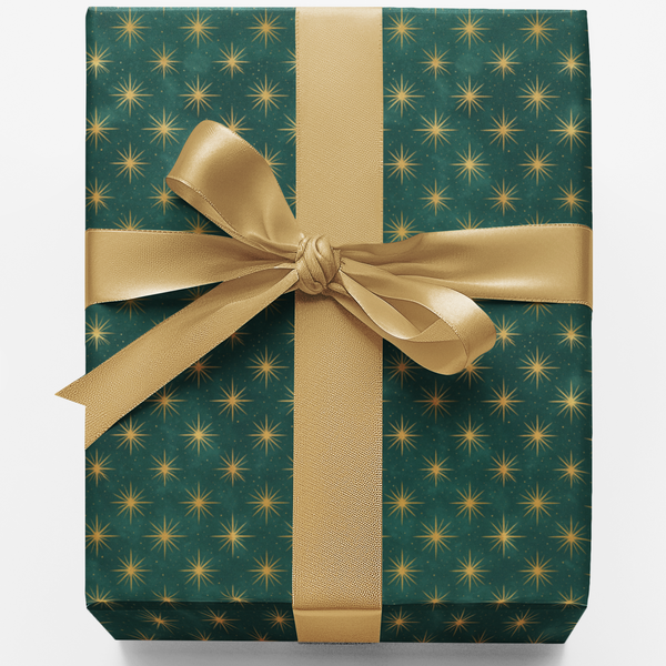 Elegant Green and Gold Star Pattern Gift Wrap, Christmas Wrapping Paper, Luxury Holiday Present Paper Roll, Winter Xmas Prese