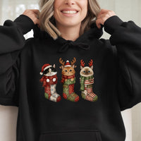 Adorable Kittens in Stockings Hooded Sweatshirt, Christmas Cat Hoodie, Holiday Cat Lover Pullover, Festive Winter Sweatshirt, Pet Mom Present
